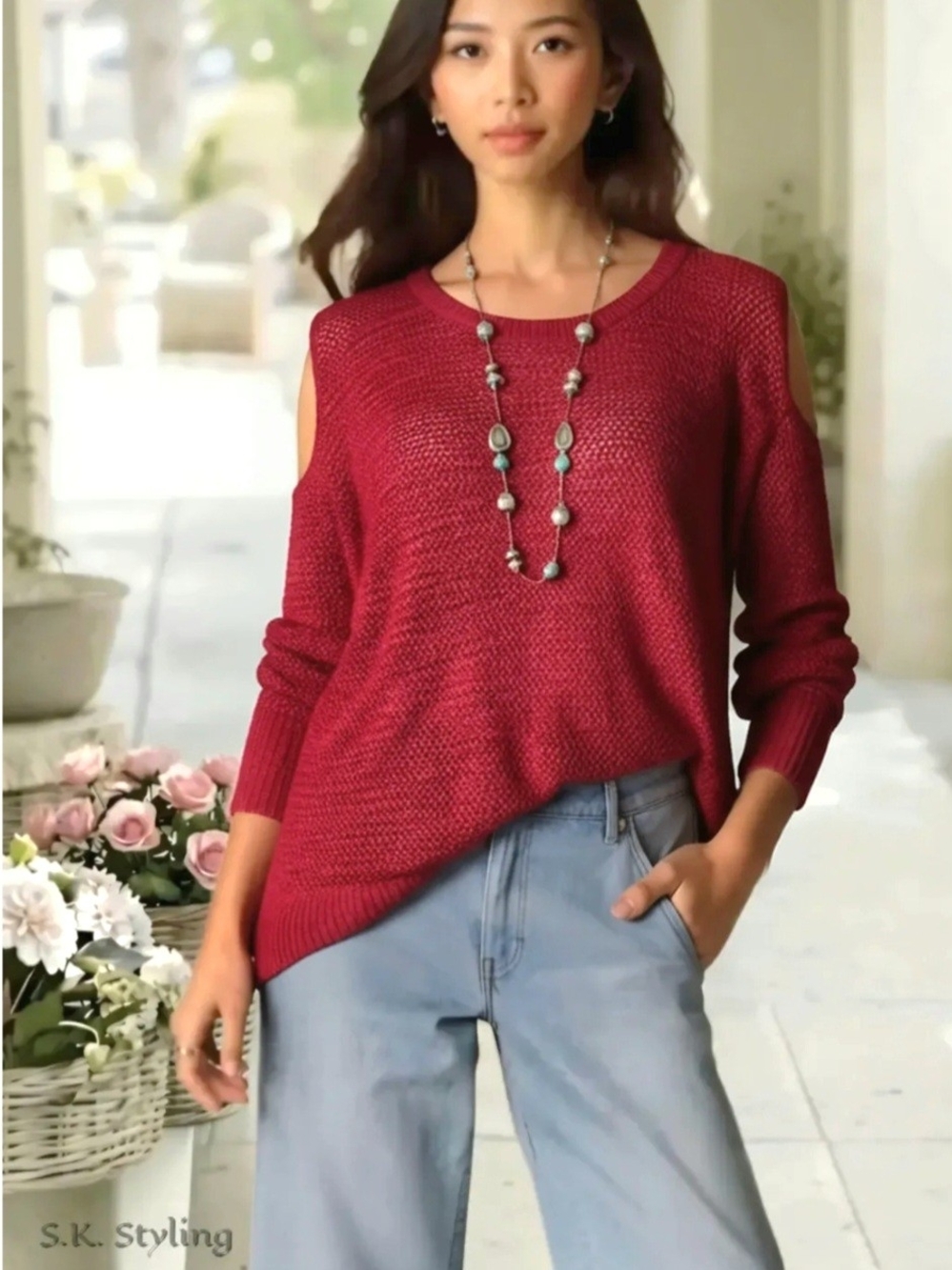NEW- Maurices Loose Crochet Knit Pullover Top Cold Shoulder Burgundy size 3 - 3X